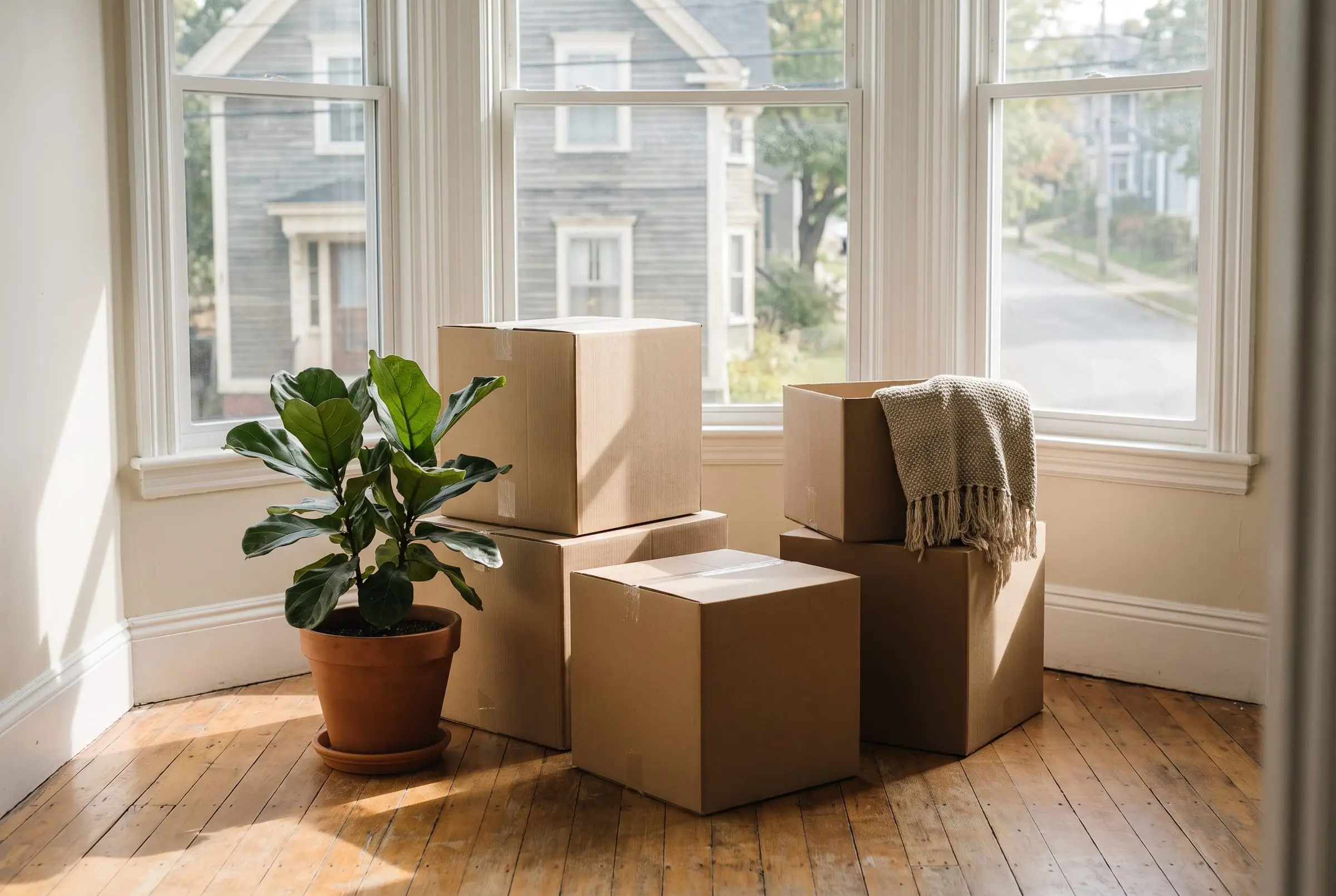 Moving boxes and a potted plant in a sunny empty room