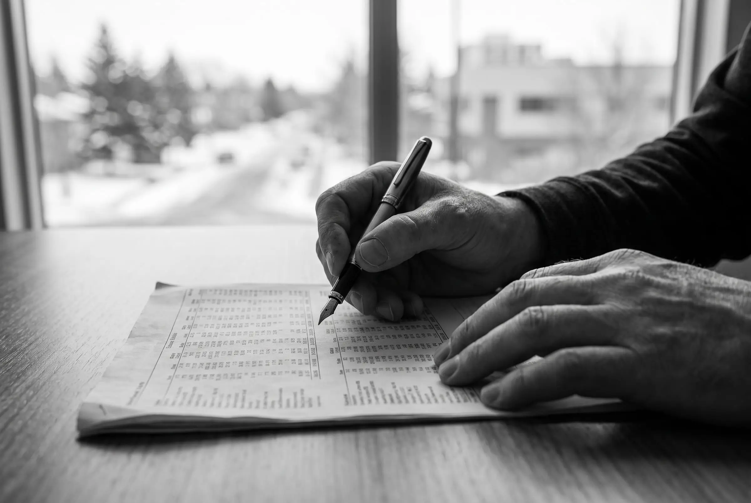 A pen resting over a printed table of figures
