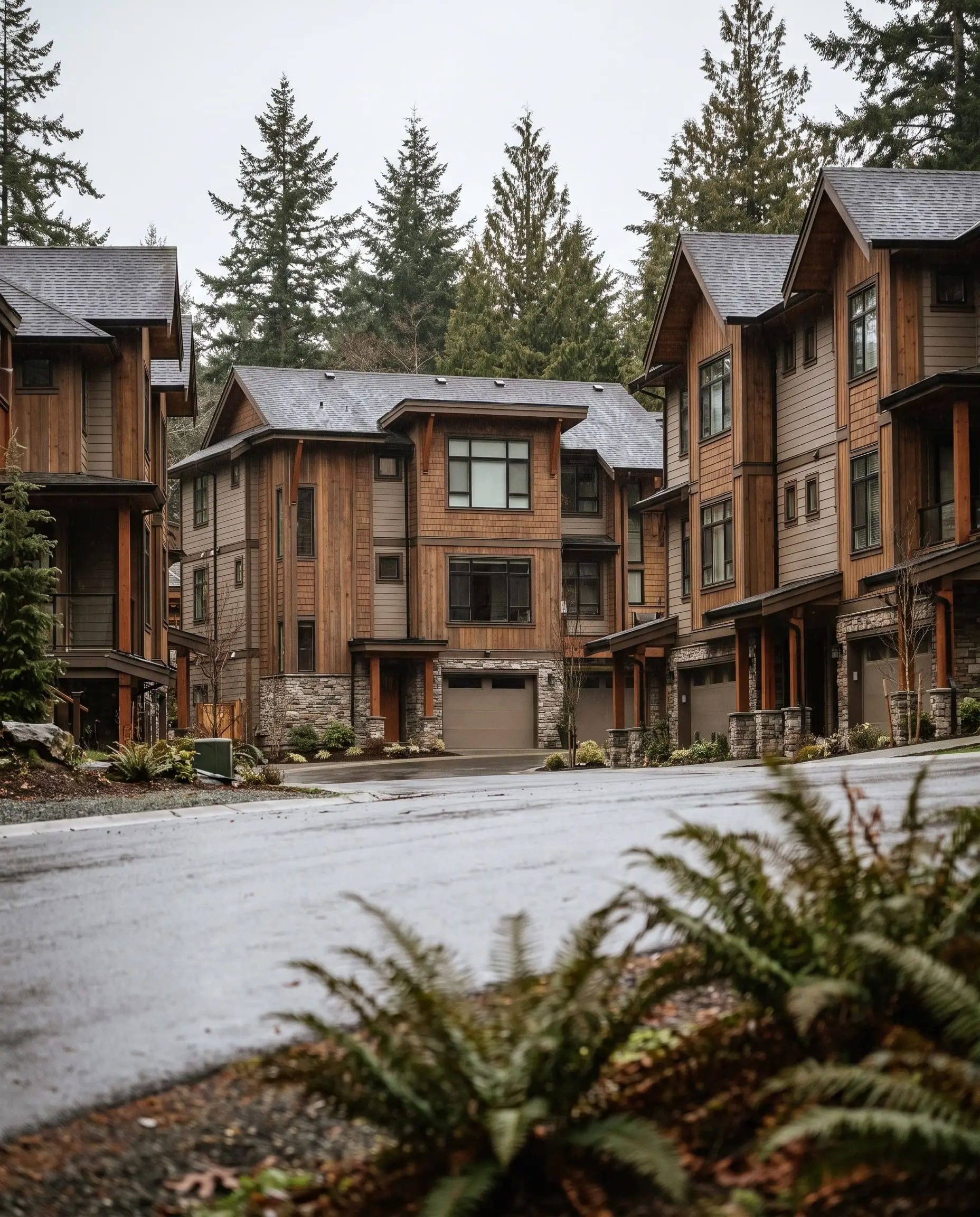 New townhomes on a hillside in Langford