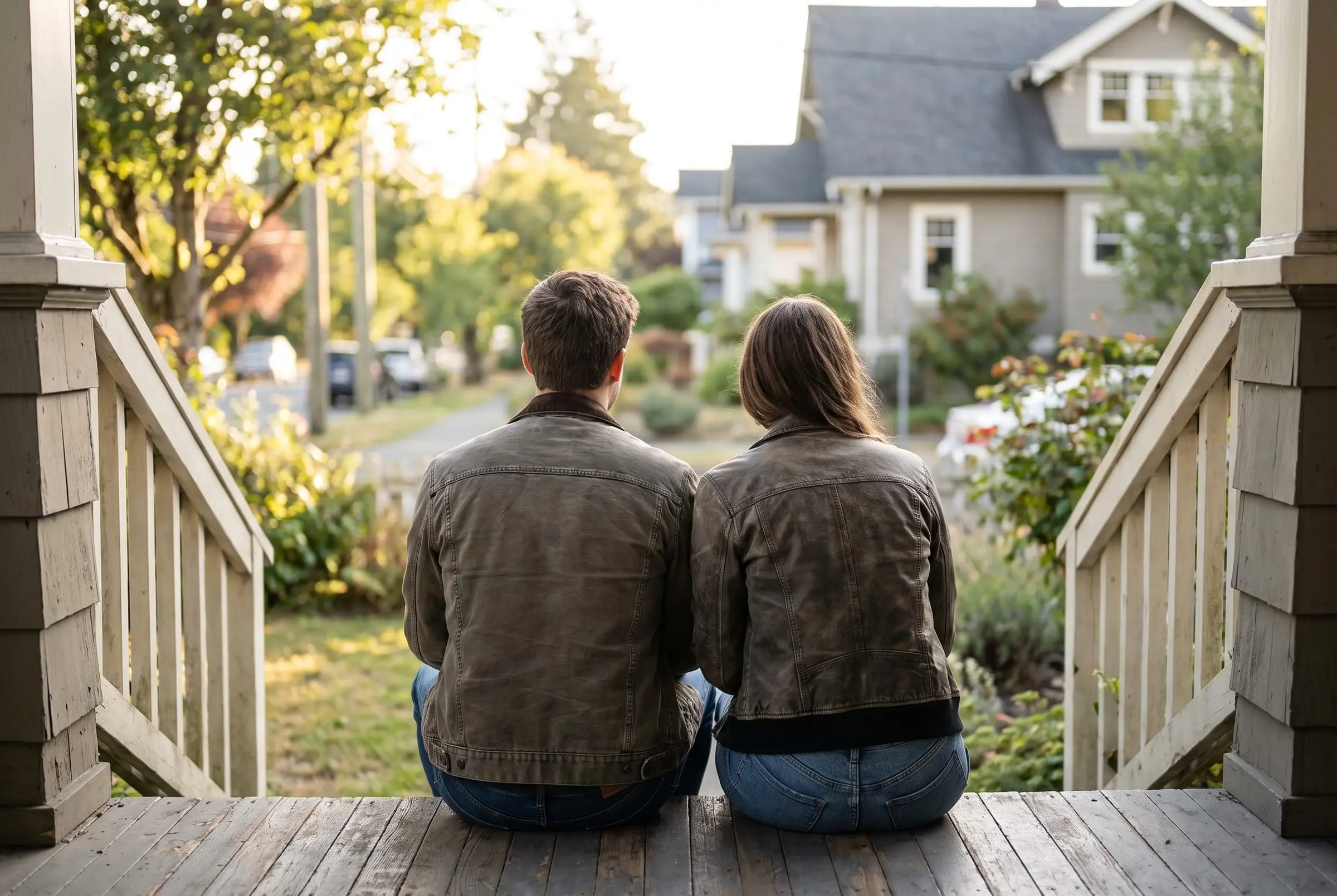 A young couple sitting on the front steps of a small house