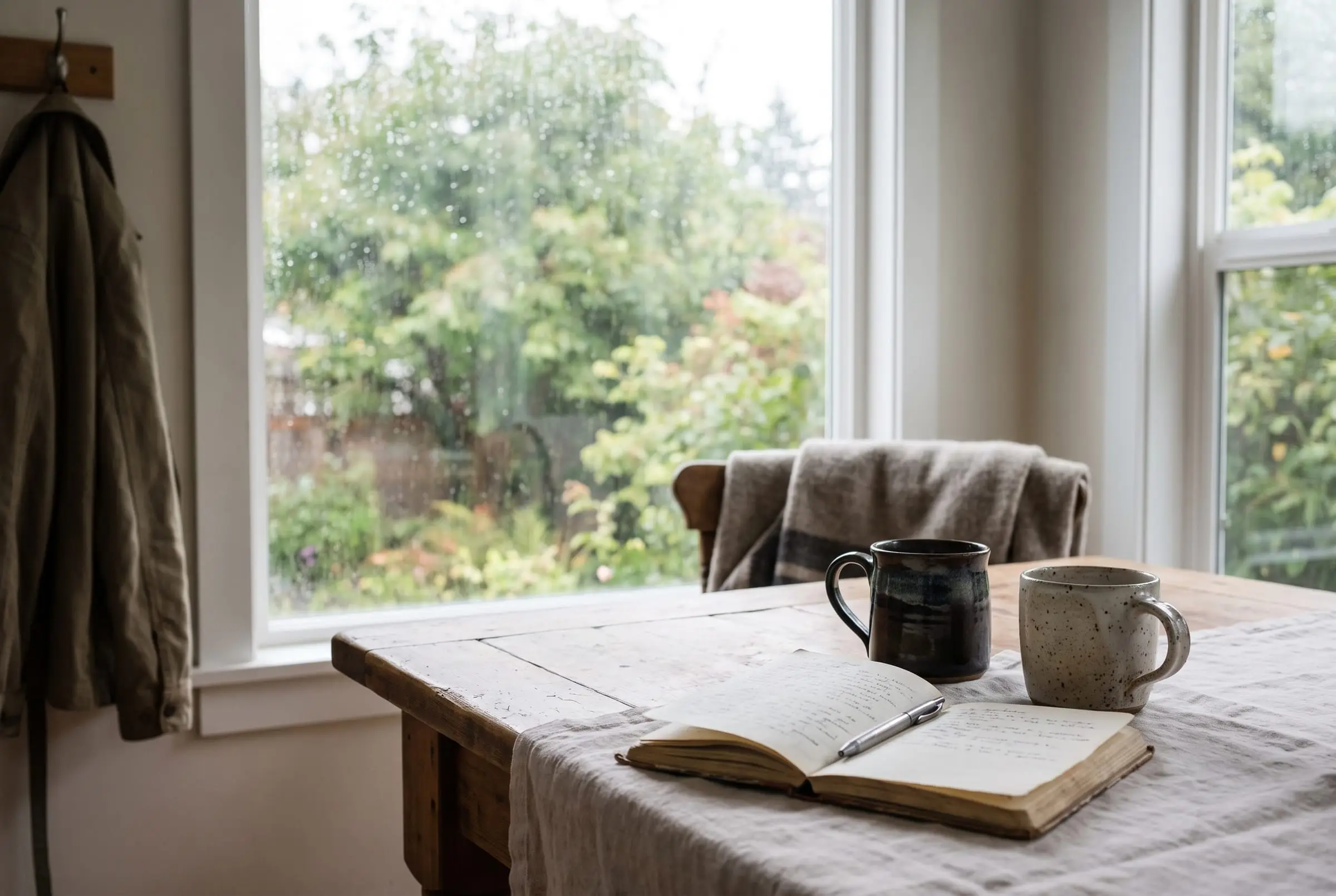 Two mugs and a notebook on a kitchen table
