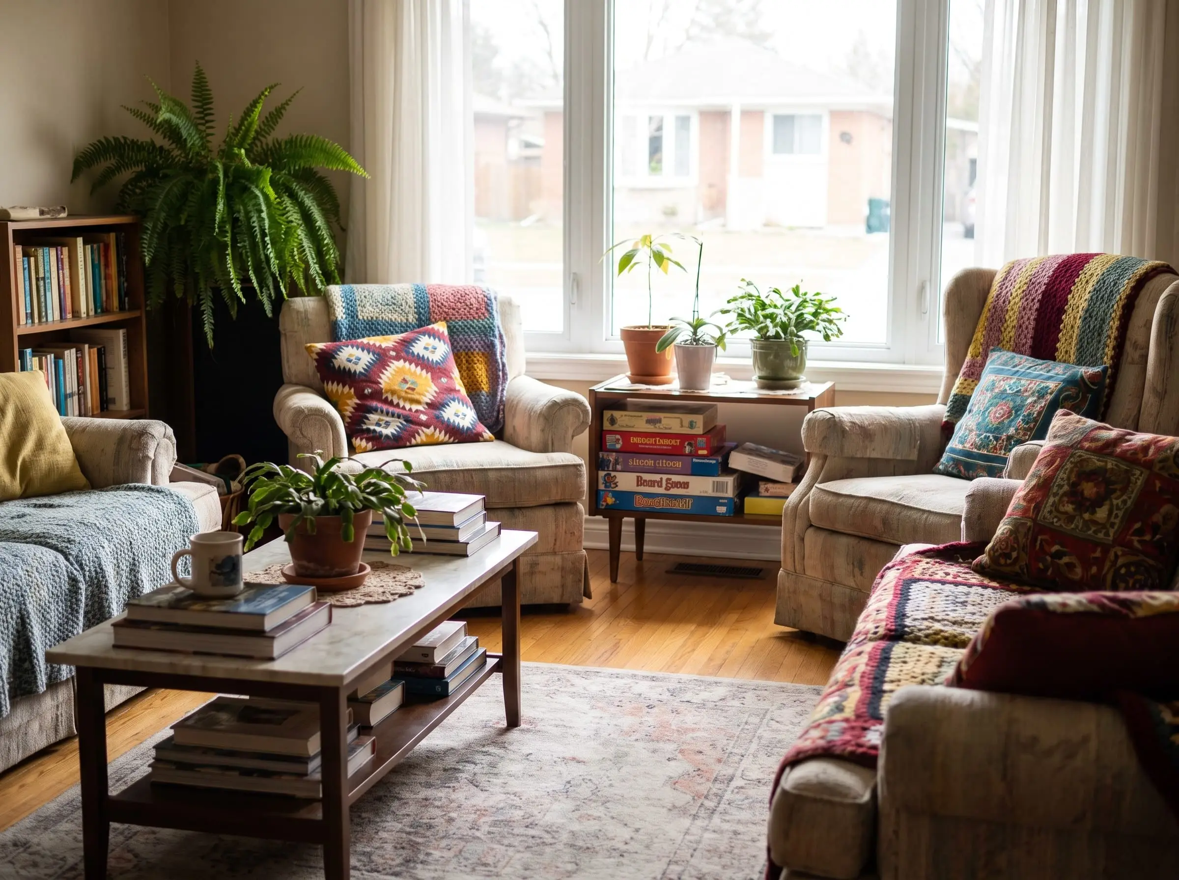 A warm family living room with plants and cushions