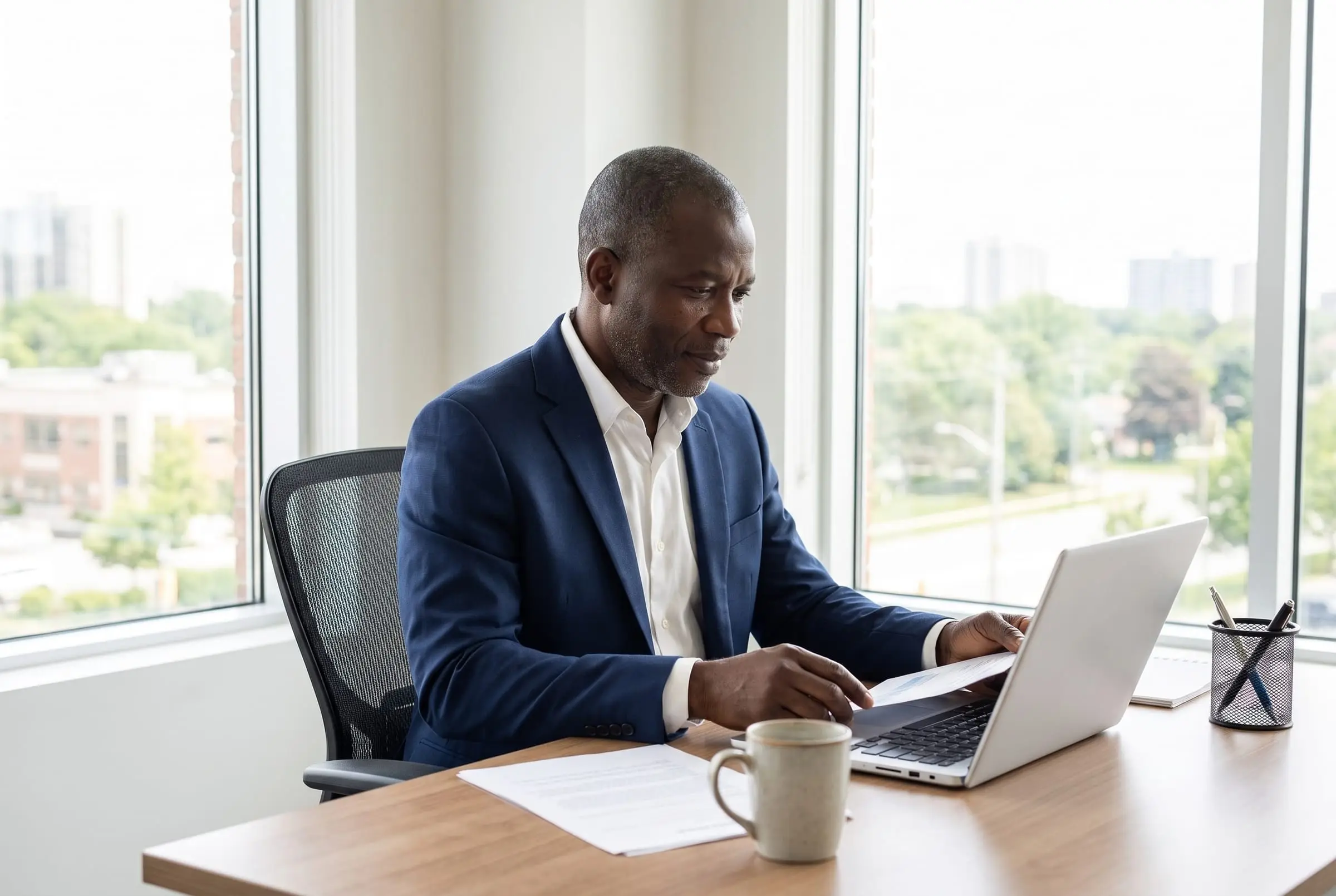 Kwame Asante reviewing a client file at his desk