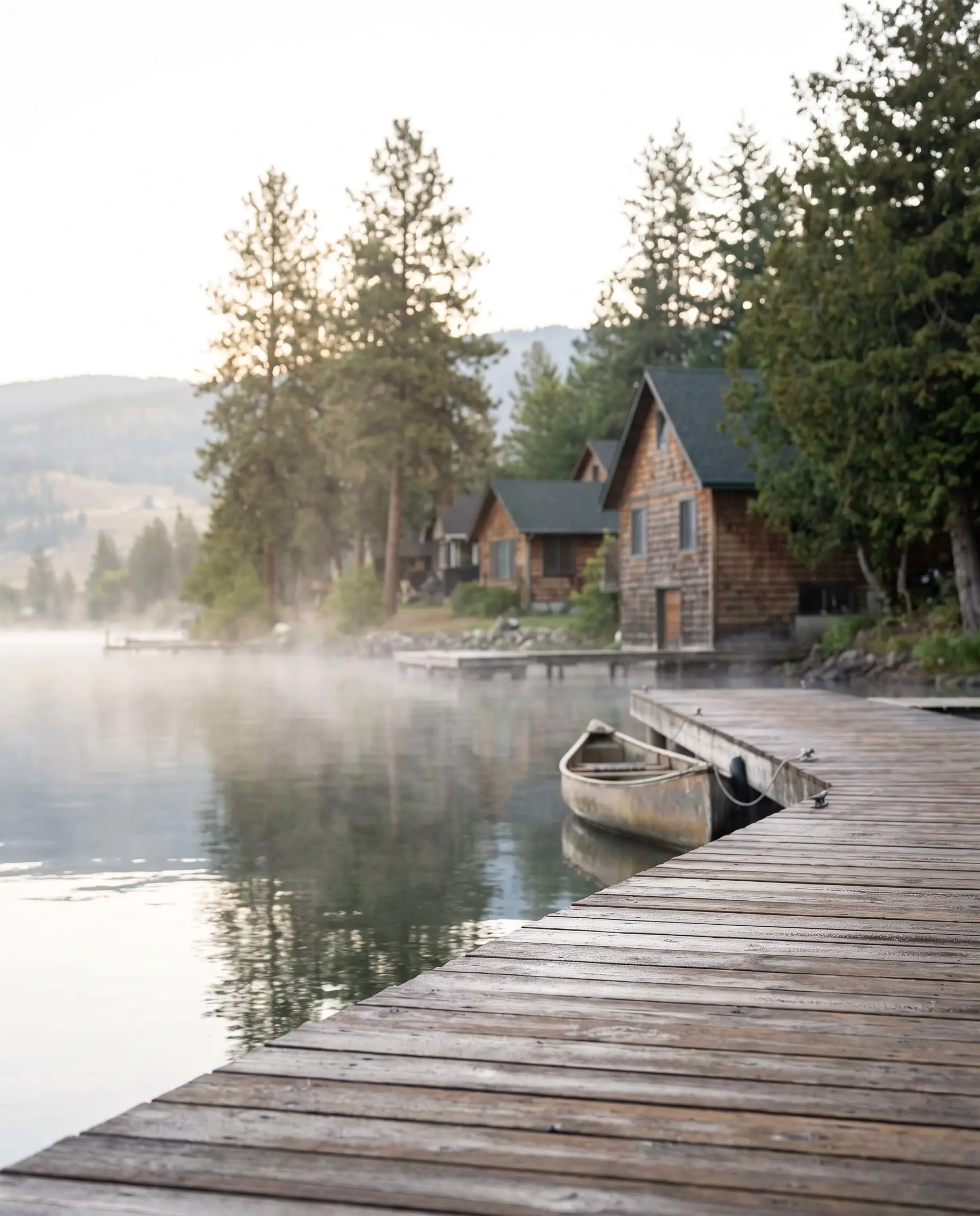 A wooden dock on a misty morning in Lake Country