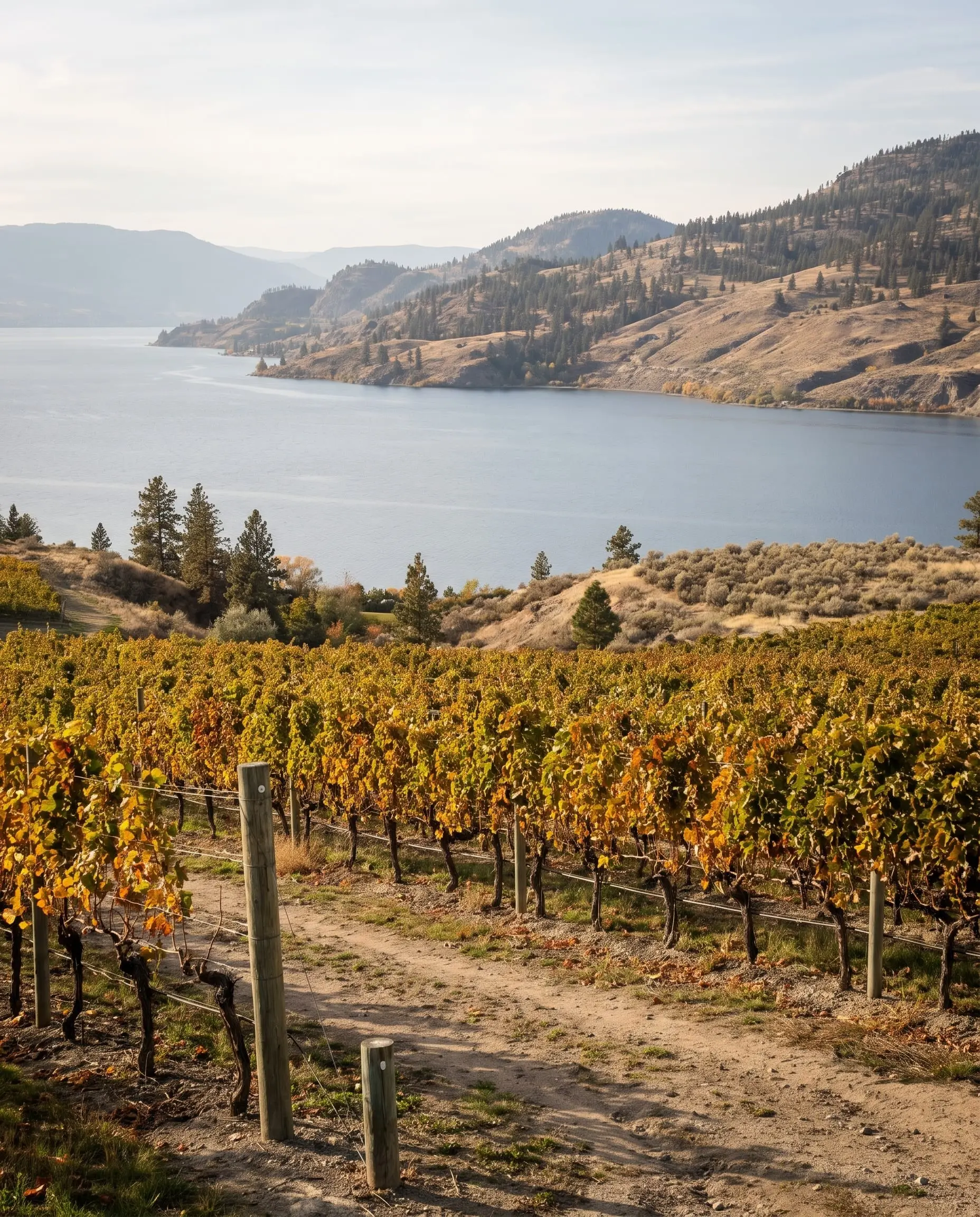 Autumn vineyards sloping down to the lake in West Kelowna