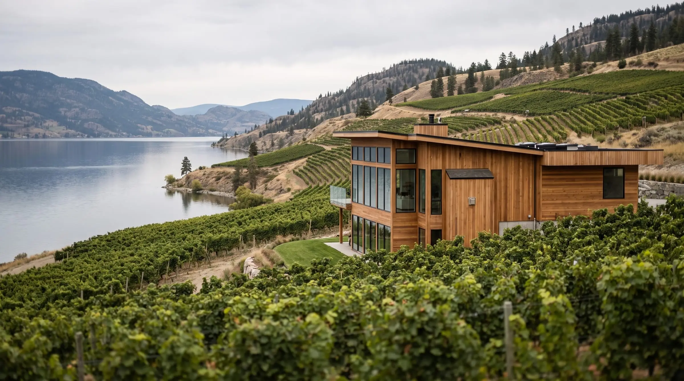 A modern wood home among vineyards above the lake
